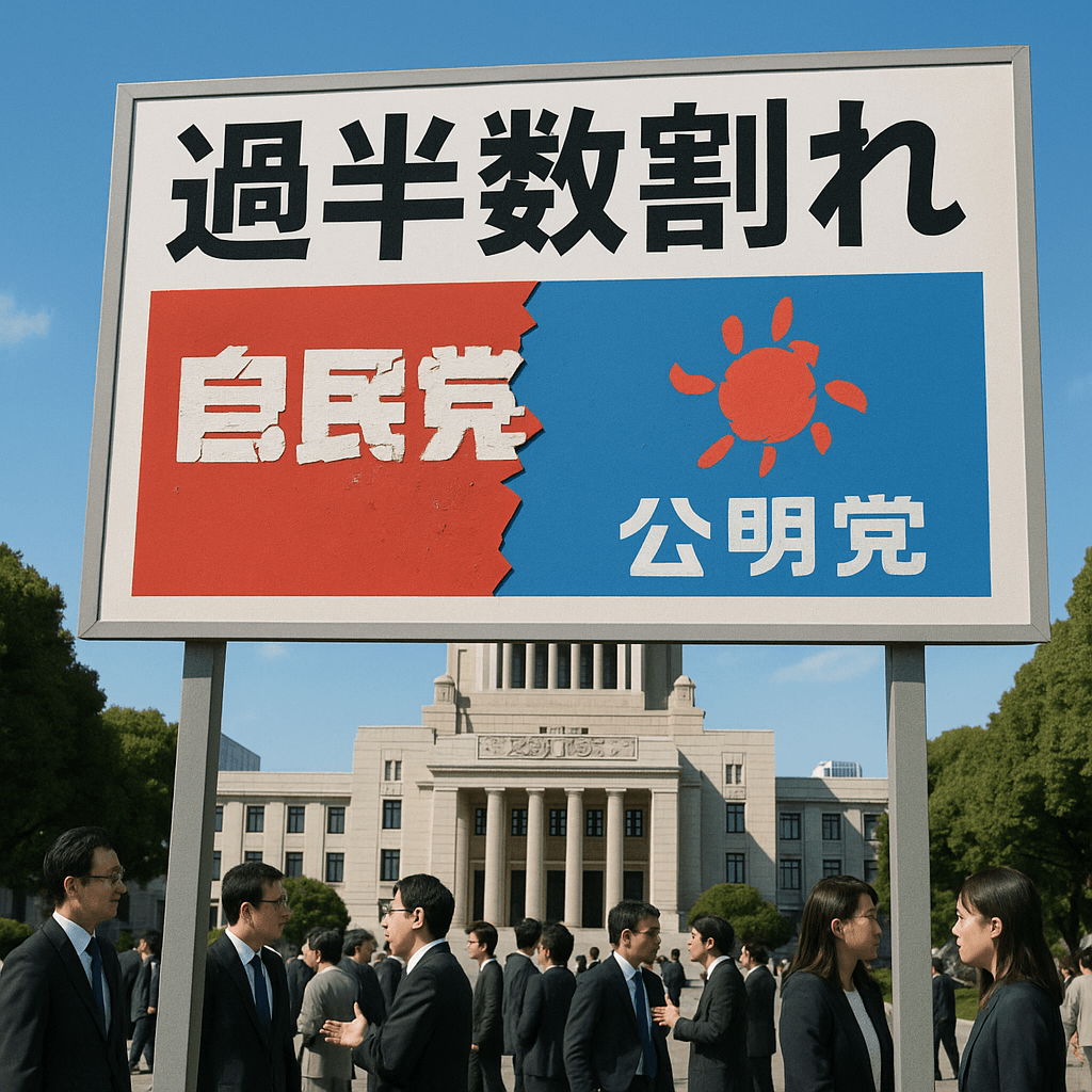 日本の国会議事堂前で、自民党と公明党の過半数割れを象徴する看板が立っている光景。