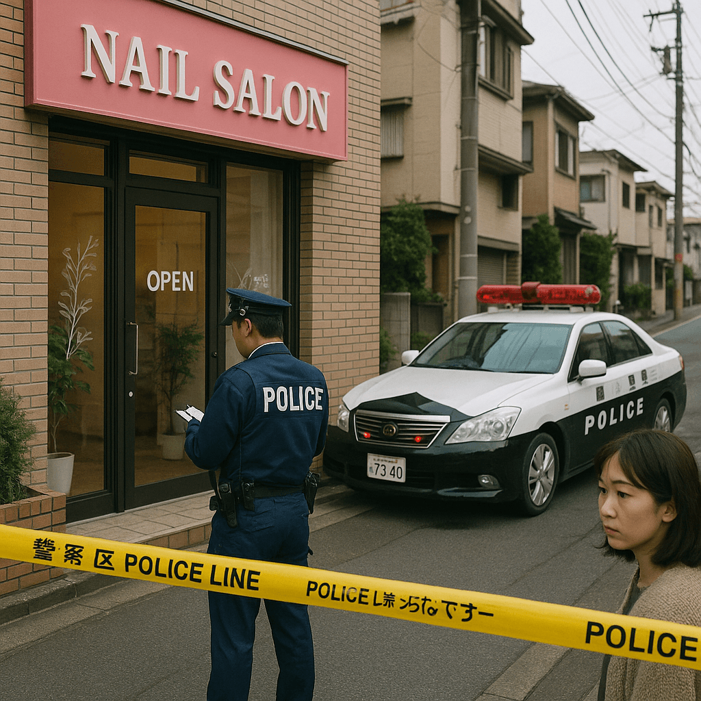 群馬県のネイルサロン強盗未遂事件の現場で、警察が調査をしている様子。