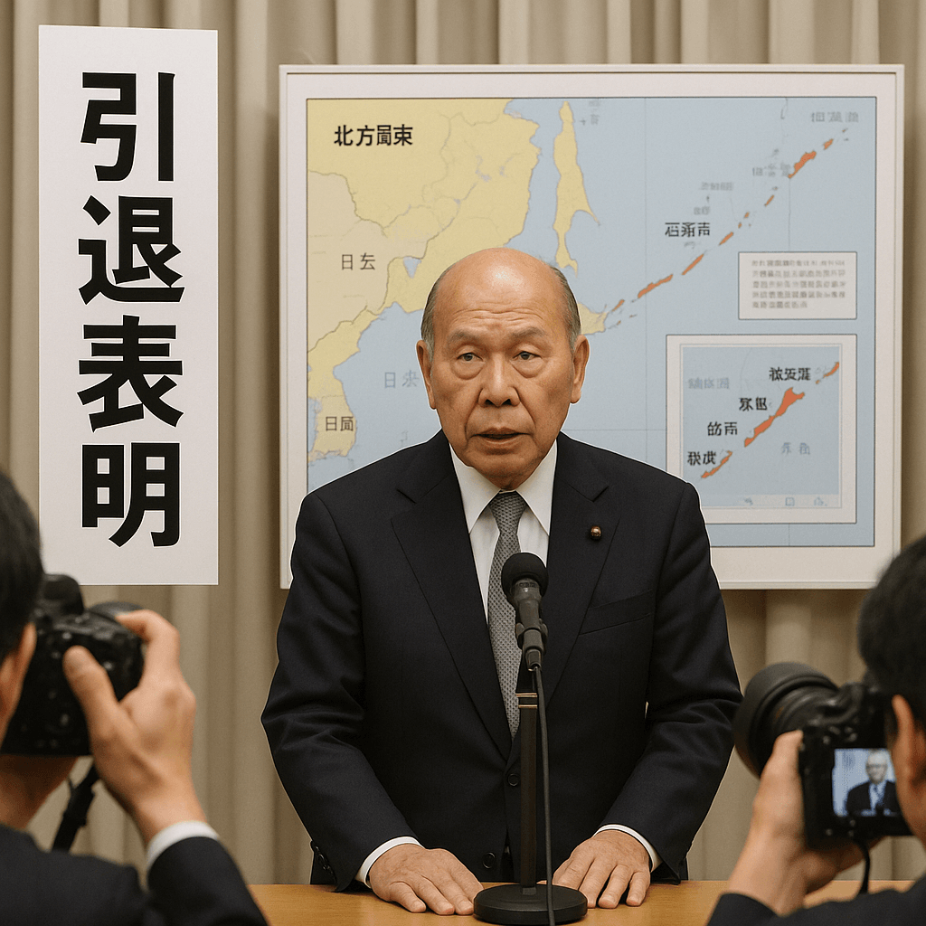 鈴木宗男氏が引退を発表する記者会見の様子。彼の背後には北方領土関連の資料が見える。