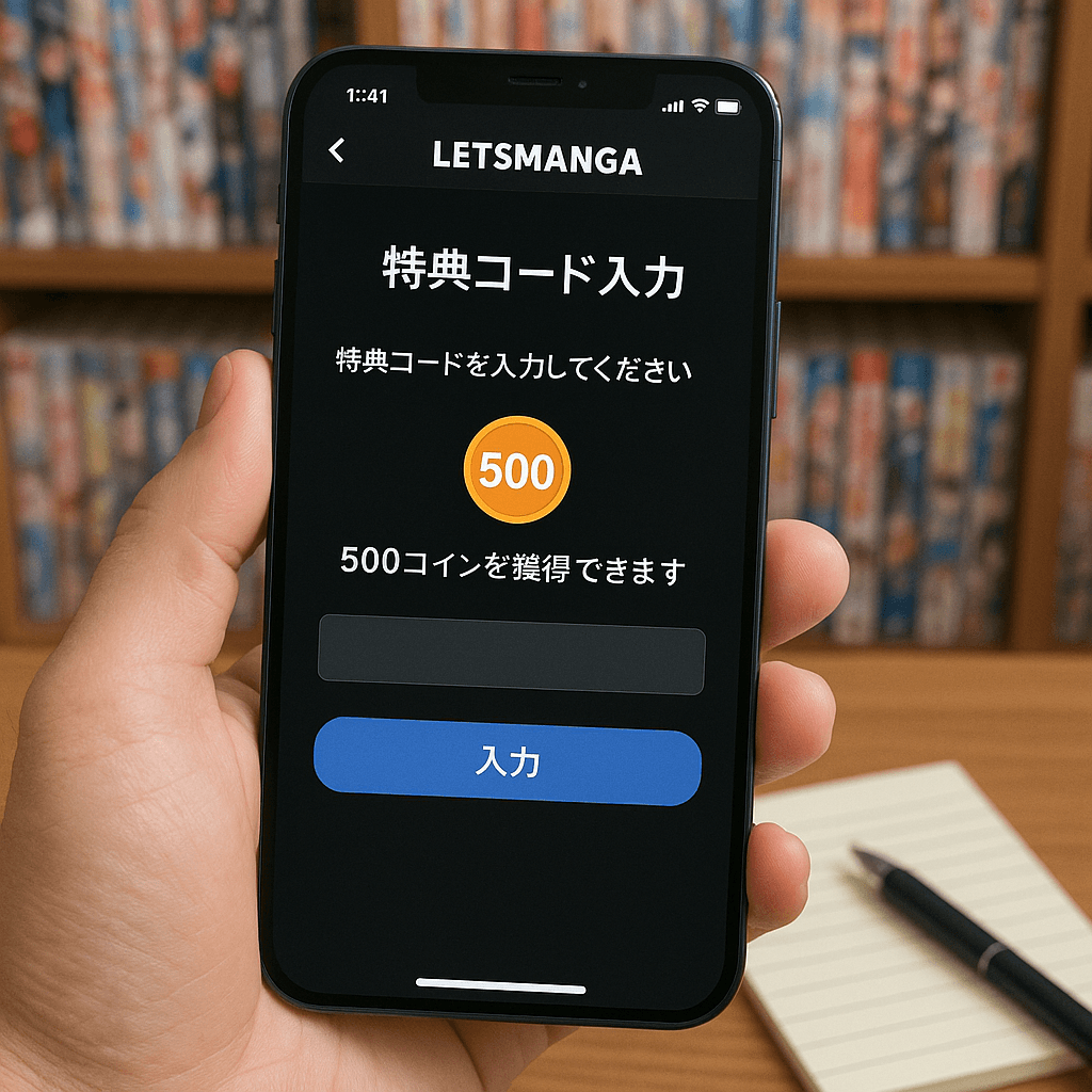 LETSMANGAの特典コードを入力して500コインを獲得するスマートフォンの画面を示す写真。