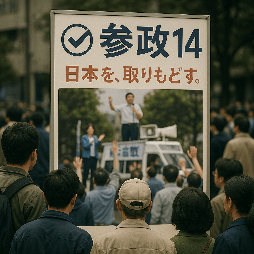 参政14の選挙ポスターを背景に、ポスターを見ている人々の様子が写っている写真。