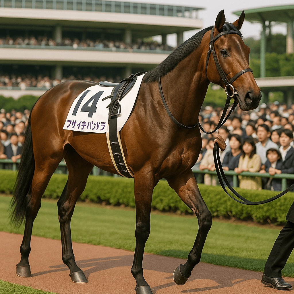 競馬場で観客に注目されるフサイチパンドラという名の競走馬の写真。