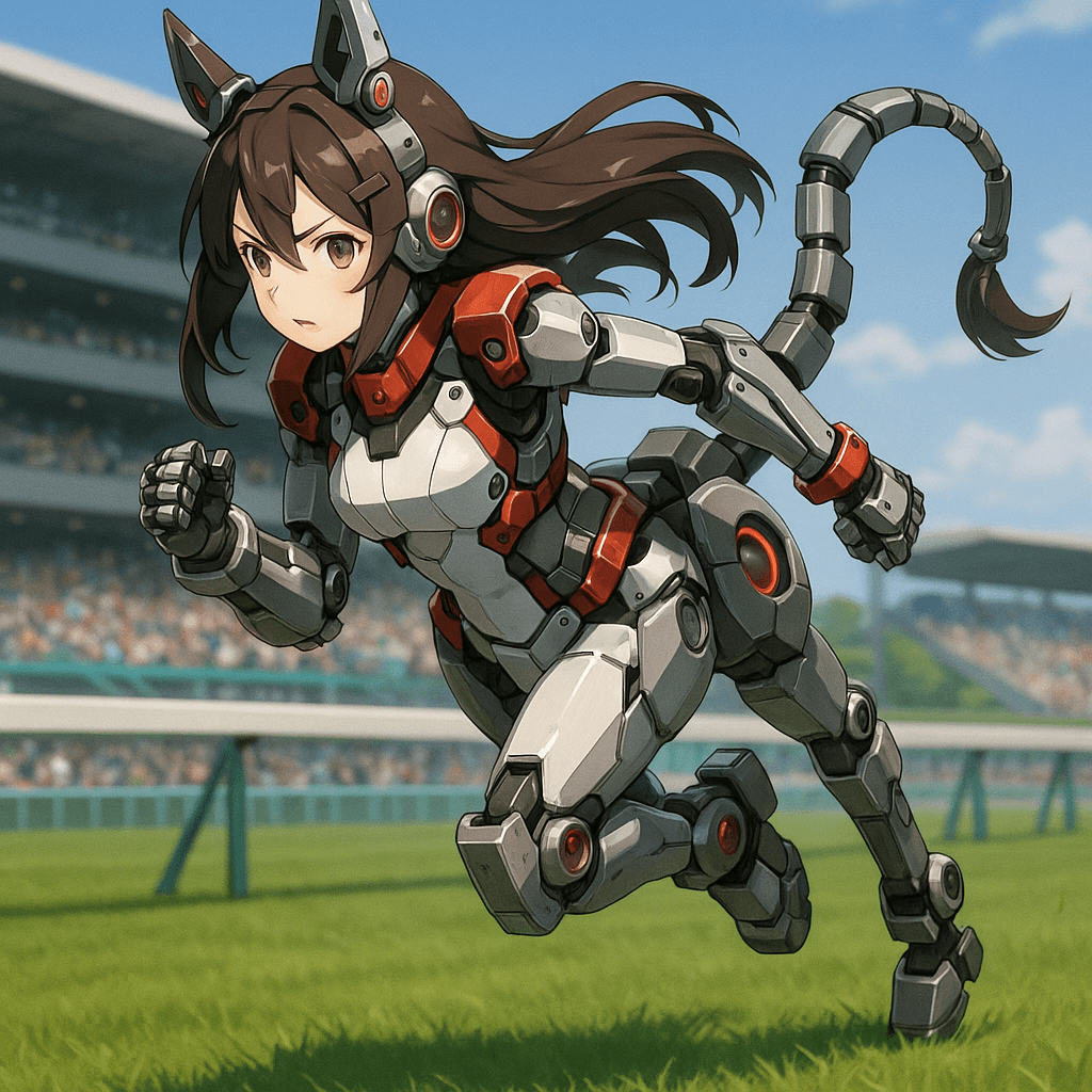 競馬場を背景にした、メカニカルな要素を持つフサイチパンドラ風キャラクターの画像。