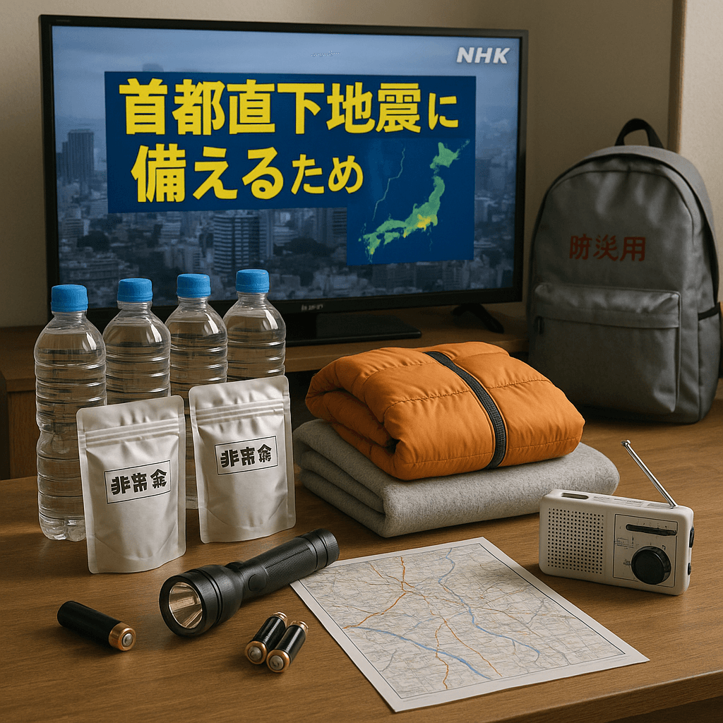 首都直下地震に備えるための防災グッズ一式がテーブルに並んでいる光景。