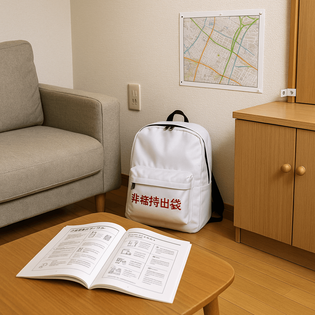 非常用持ち出し袋と防災対策が施された日本の家庭のリビングの様子。