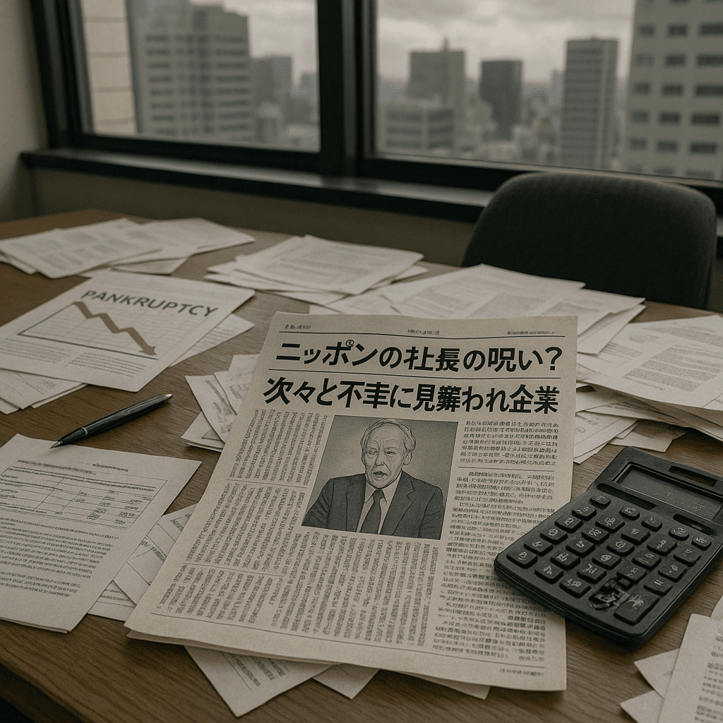 ニッポンの社長の呪いに関連した不幸に見舞われた企業の様子を示すオフィスの風景。
