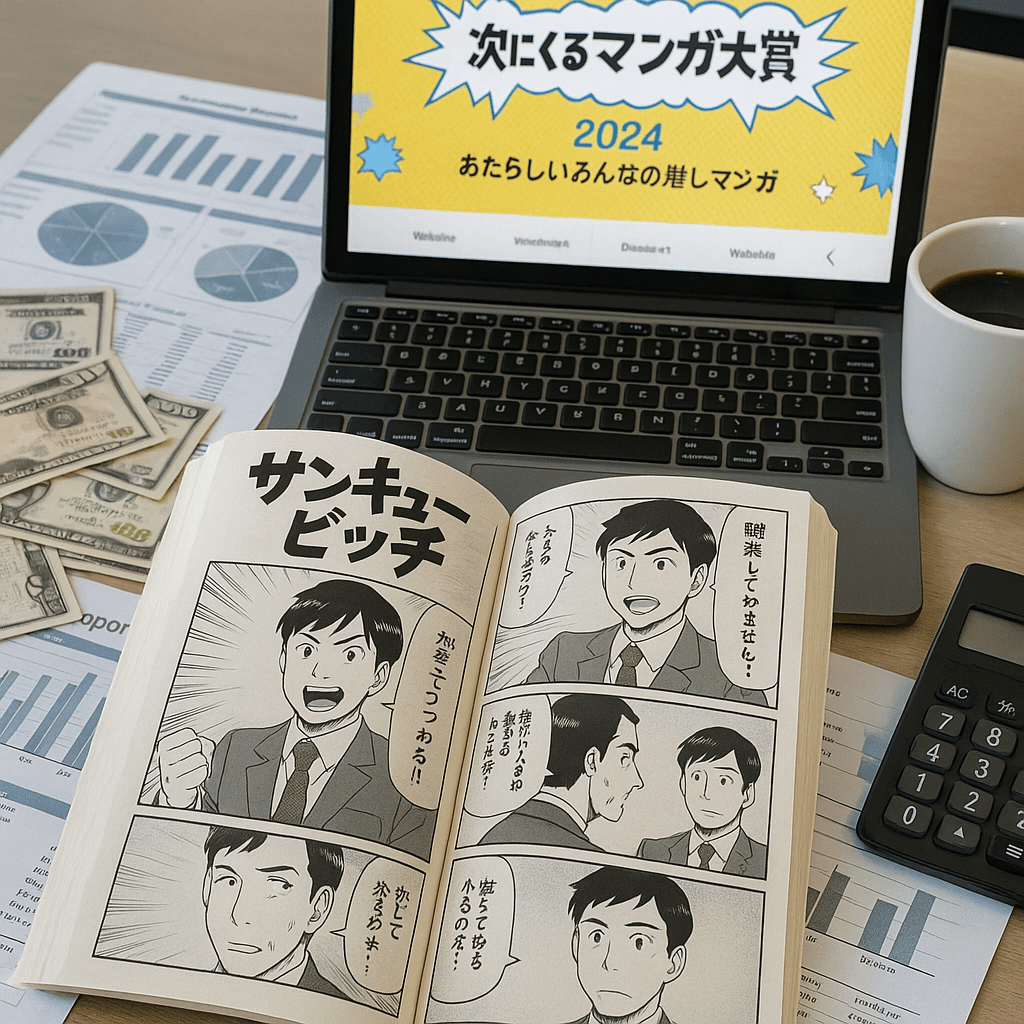 経済漫画『サンキューピッチ』を読むオフィスデスクの風景