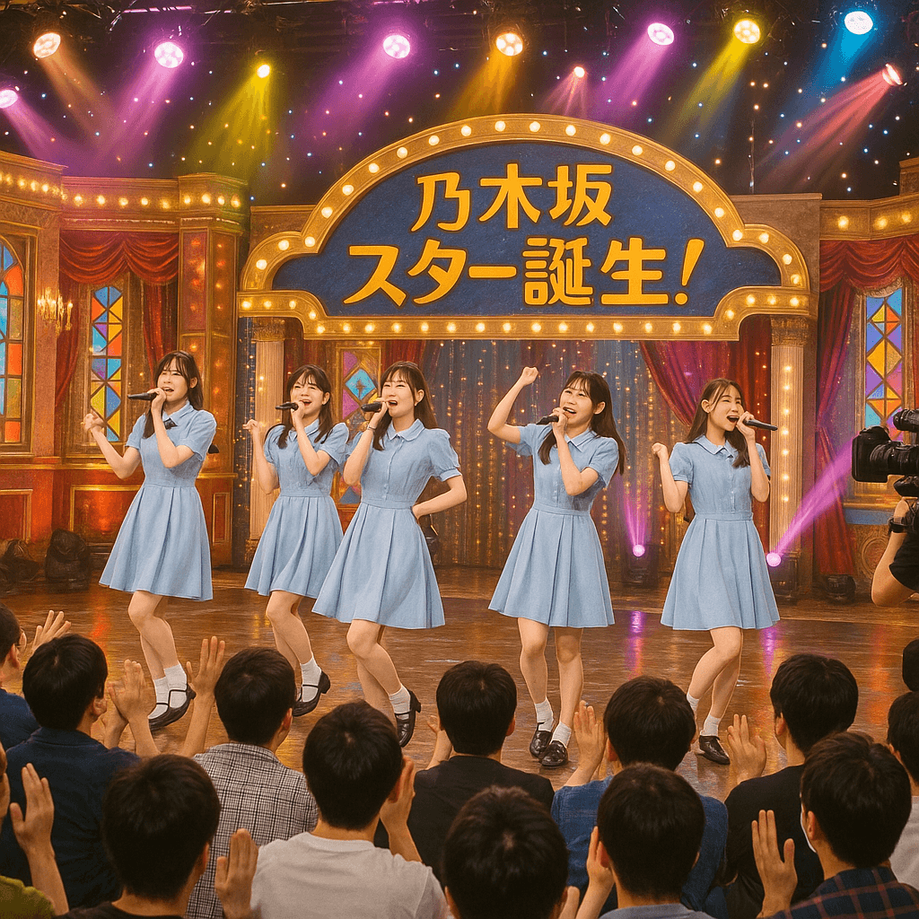 乃木坂スター誕生の番組スタジオでパフォーマンス中の乃木坂メンバーと応援するファンたちの様子。
