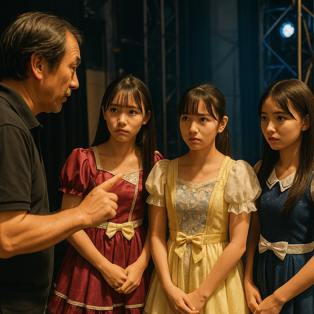 研修生発表会の舞台裏で緊張する若い女性たちの様子。