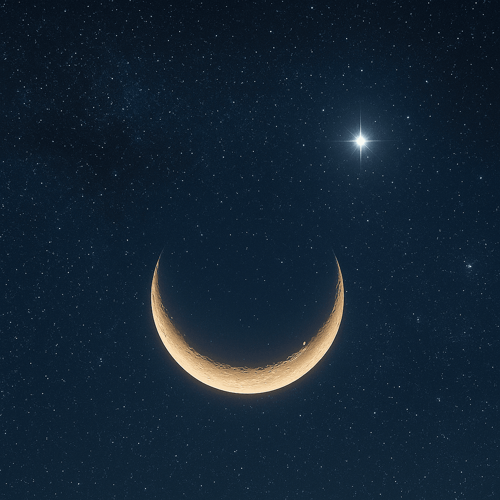 夜空に細い三日月と金星が並んでスマイリーフェイスムーンを形成している写真。