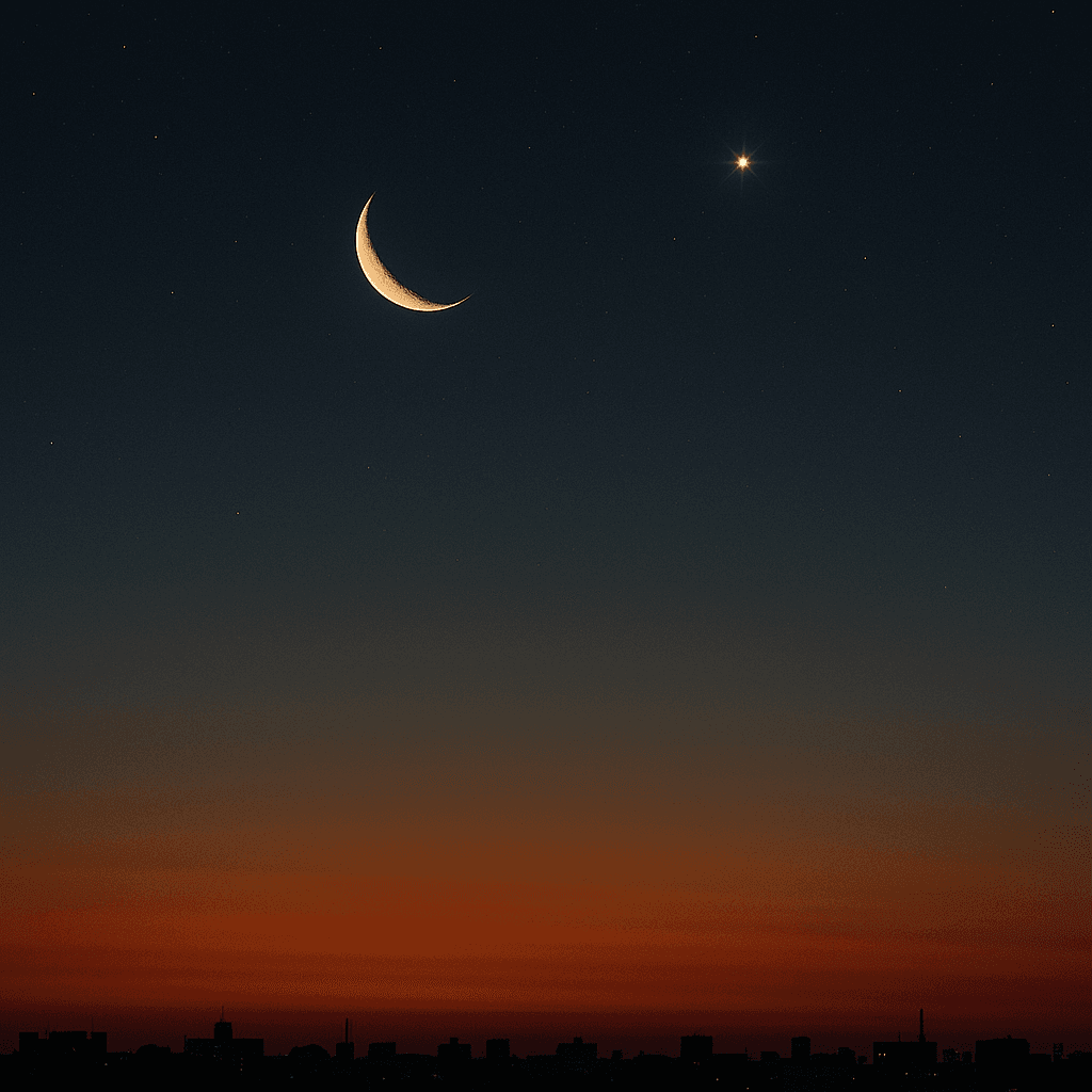 西の空に浮かぶ細い三日月とその近くに輝く金星の写真。夜空を背景に、地平線近くに二つの天体が並んでいる様子を写している。