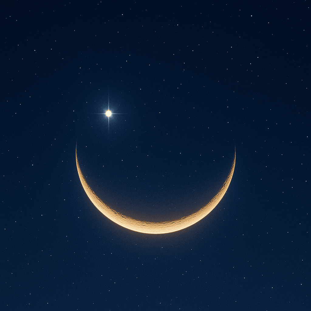三日月と金星が夜空に笑顔のように並んでいる様子を写した写真。