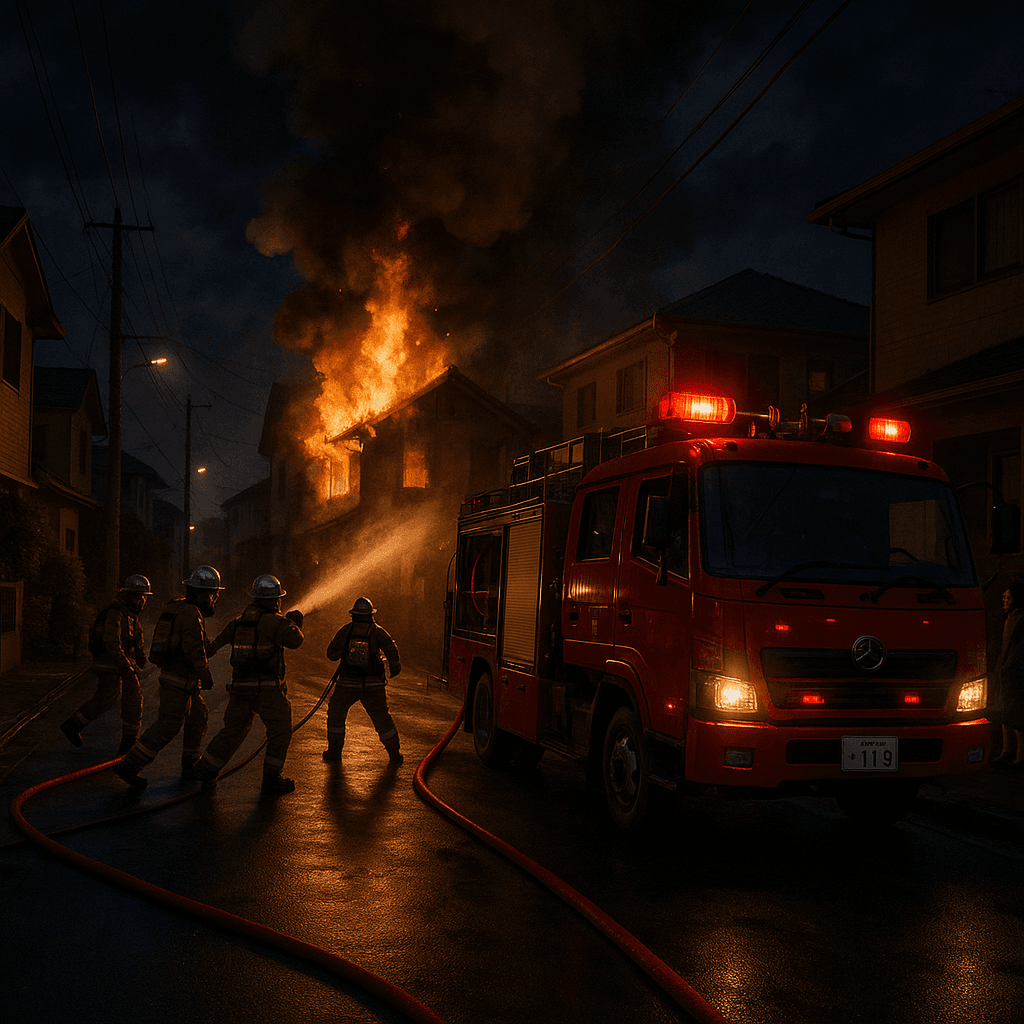 夜の住宅街で起きた火事の消火活動の様子。消防車と消防士が見える。