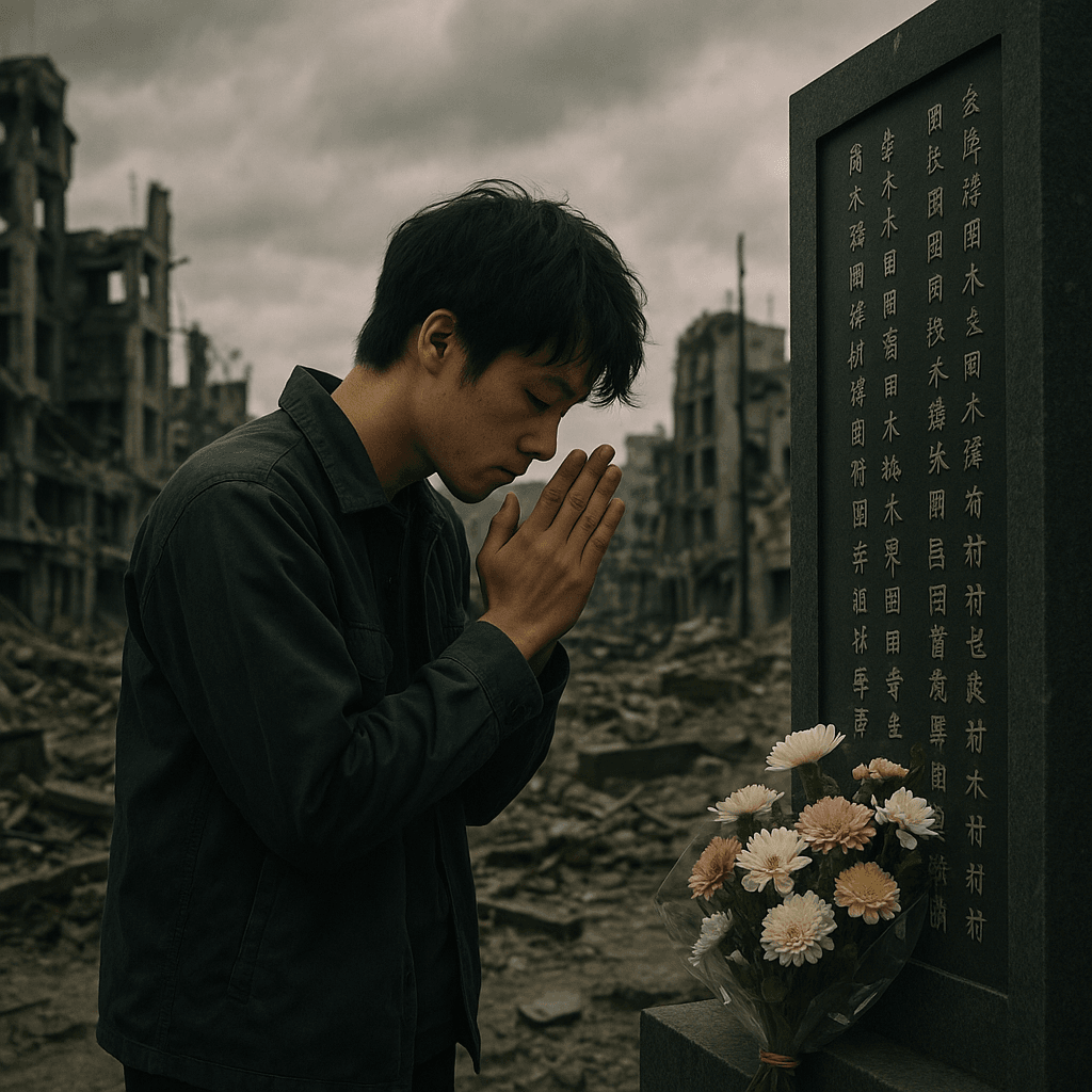 第二次世界大戦の影響が残る街並みで、慰霊碑に手を合わせる現代の若者。