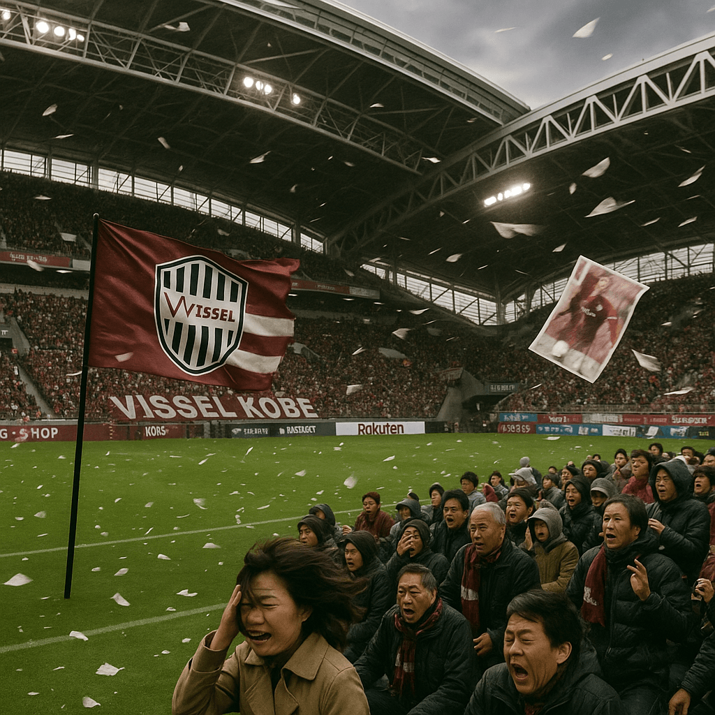 ヴィッセル神戸のスタジアムで試合前に突如吹き始めた強風を捉えたシーン。観客が風に驚き、旗が激しく舞っている様子を伝える。