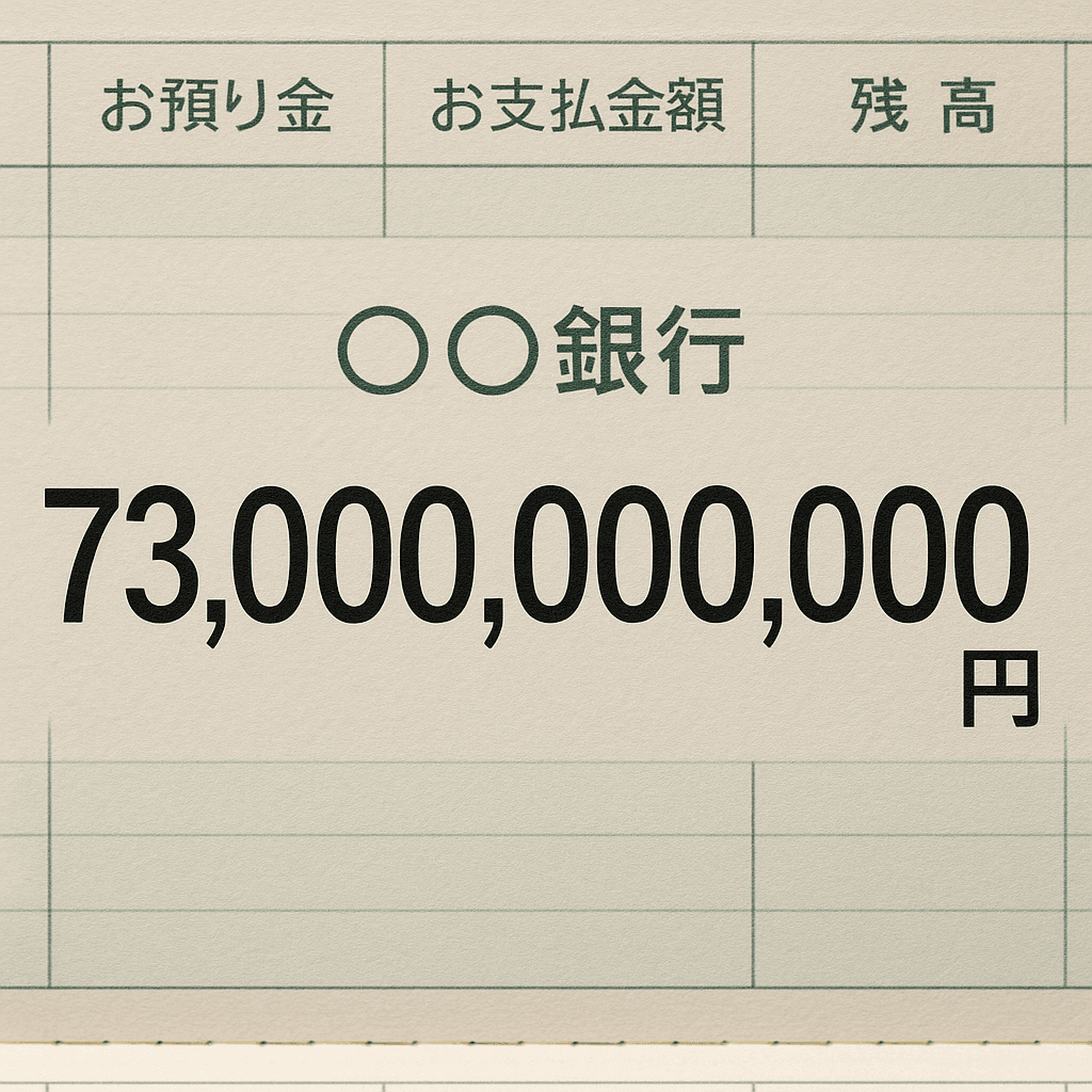 73億円という巨額が預金されている銀行通帳のスクリーンショット風画像。