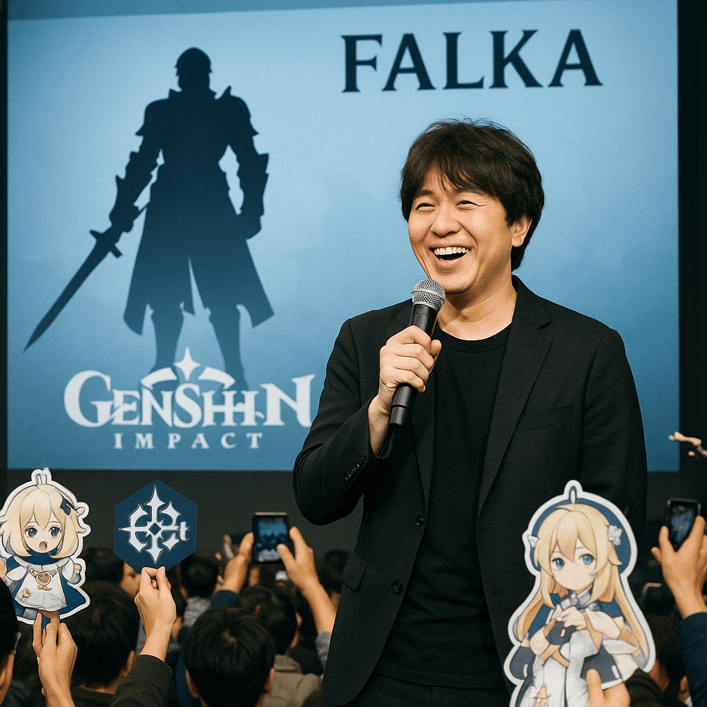 声優の杉田智和が新キャラクター『ファルカ』の発表イベントでファンの前に立っているシーン。