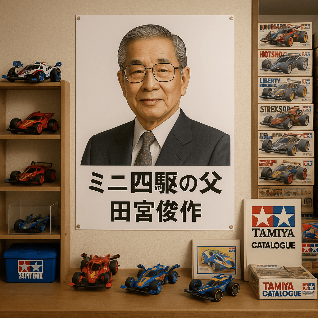田宮俊作会長のポスターが飾られた部屋。ポスターには会長の肖像と『ミニ四駆の父』と記載されている。