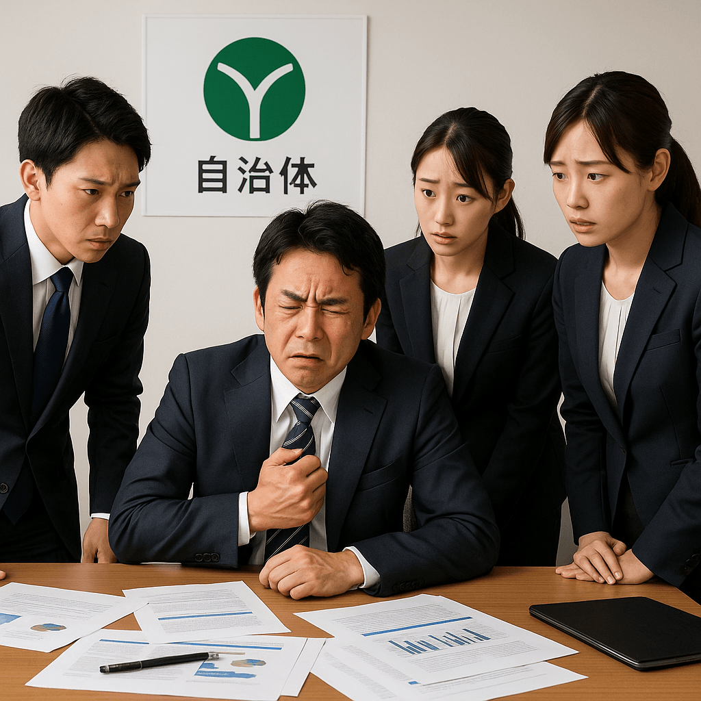 日本の自治体職員が会議中に体調不良を訴えている場面。