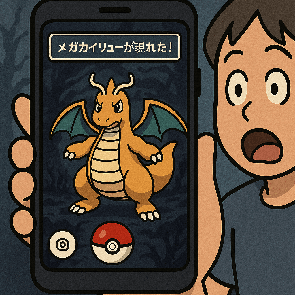 メガカイリューが出現したゲーム画面のスクリーンショット風画像。驚く人の表情も含まれ、不気味な雰囲気が漂う。