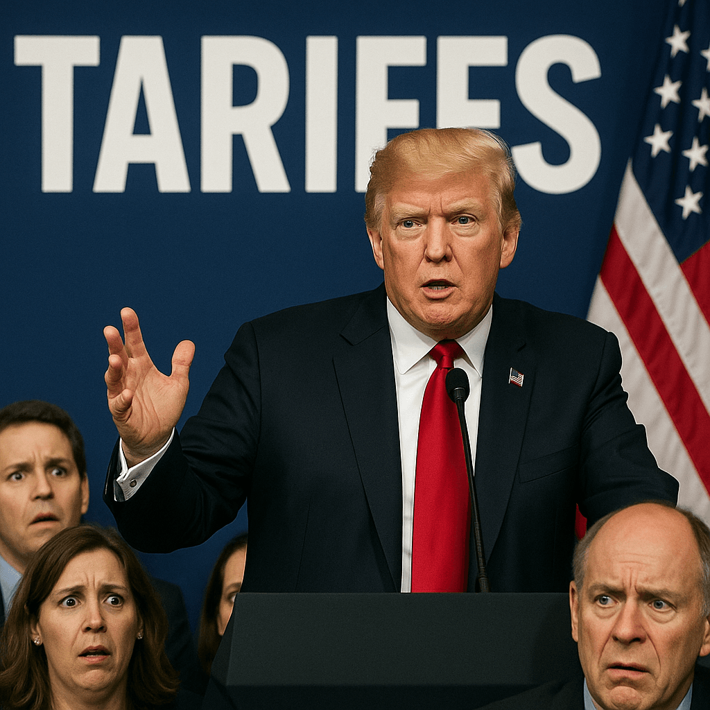 トランプ大統領が関税について演説する様子を捉えた画像。背景にアメリカ国旗を配し、関税についての真剣な姿勢を強調。