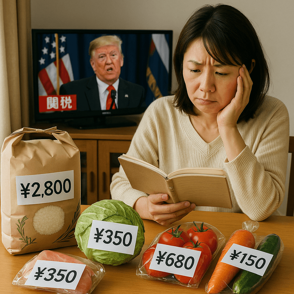 食卓に並んだ食材の価格上昇に困惑する主婦の様子。背景には関税に関するニュースが流れている。