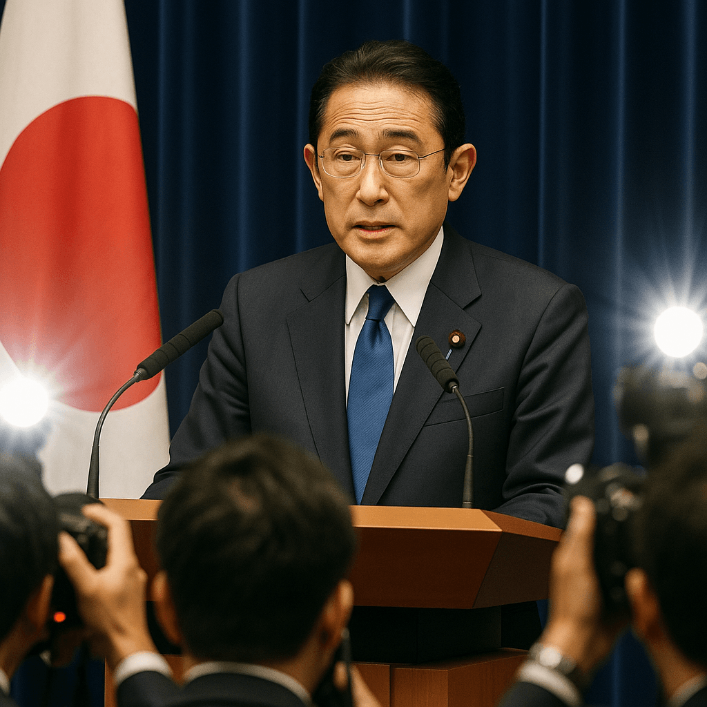 記者会見で退陣を表明する岸田首相。背景に国旗、表情には疲労感と決意が見える。