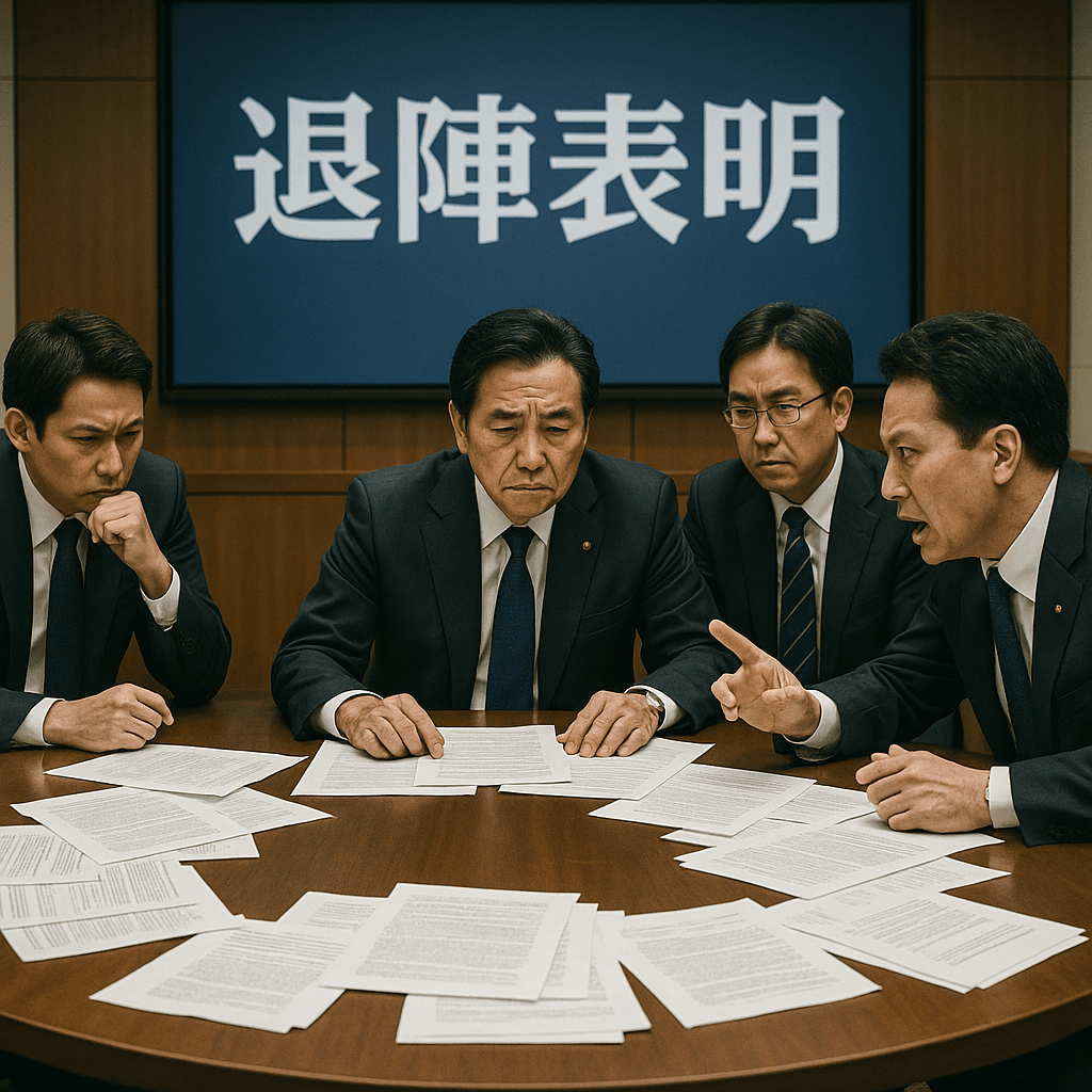 岸田首相の退陣表明後の会議室で、政治家たちが今後の対応を話し合っているシーン。