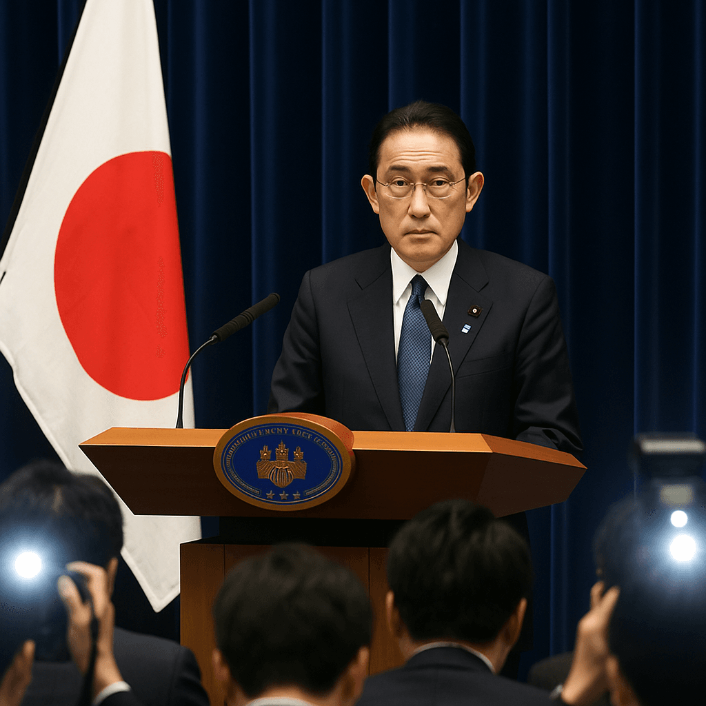 岸田首相が退陣表明を行う記者会見の様子を捉えた写真。真剣な表情で演台に立つ岸田首相と、会場に集まる多くの記者たちの様子が写っている。