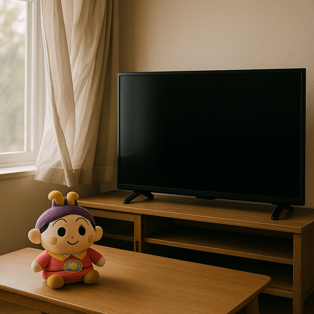 おじゃる丸を見ている最中にテレビが消えてしまった不思議な体験を示すシーン。