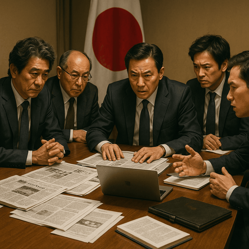 会議室で緊張した面持ちで議論する政治家たち。