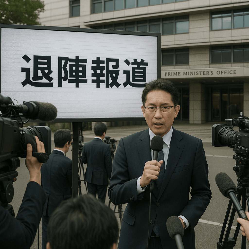 首相官邸前で退陣報道を取材する報道陣の様子。