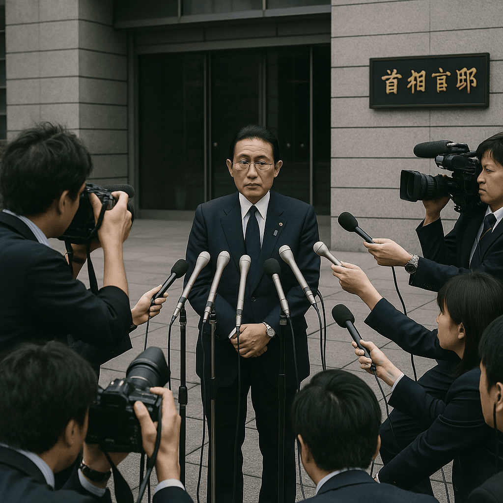 首相官邸前での記者会見の様子。退陣報道に注目する報道陣が集まっている。