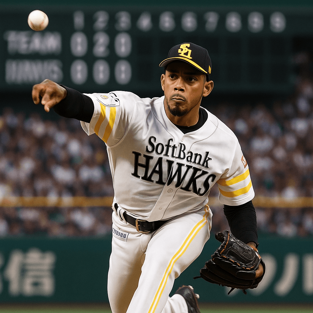 福岡ソフトバンクホークスのリバン・モイネロが投球している瞬間を捉えた写真。試合の緊張感とモイネロの集中した表情が印象的です。