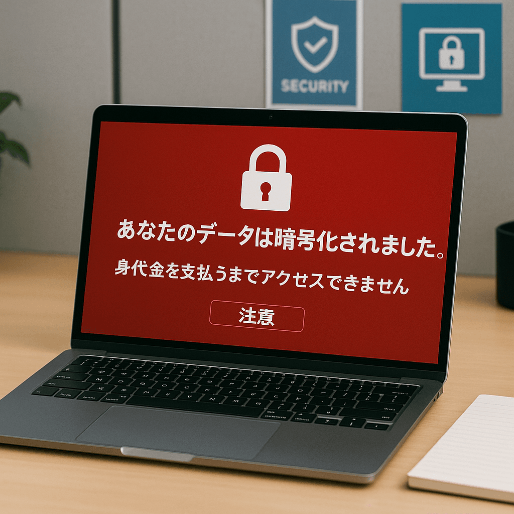 ランサムウェアの警告メッセージが表示されたパソコンの画面。