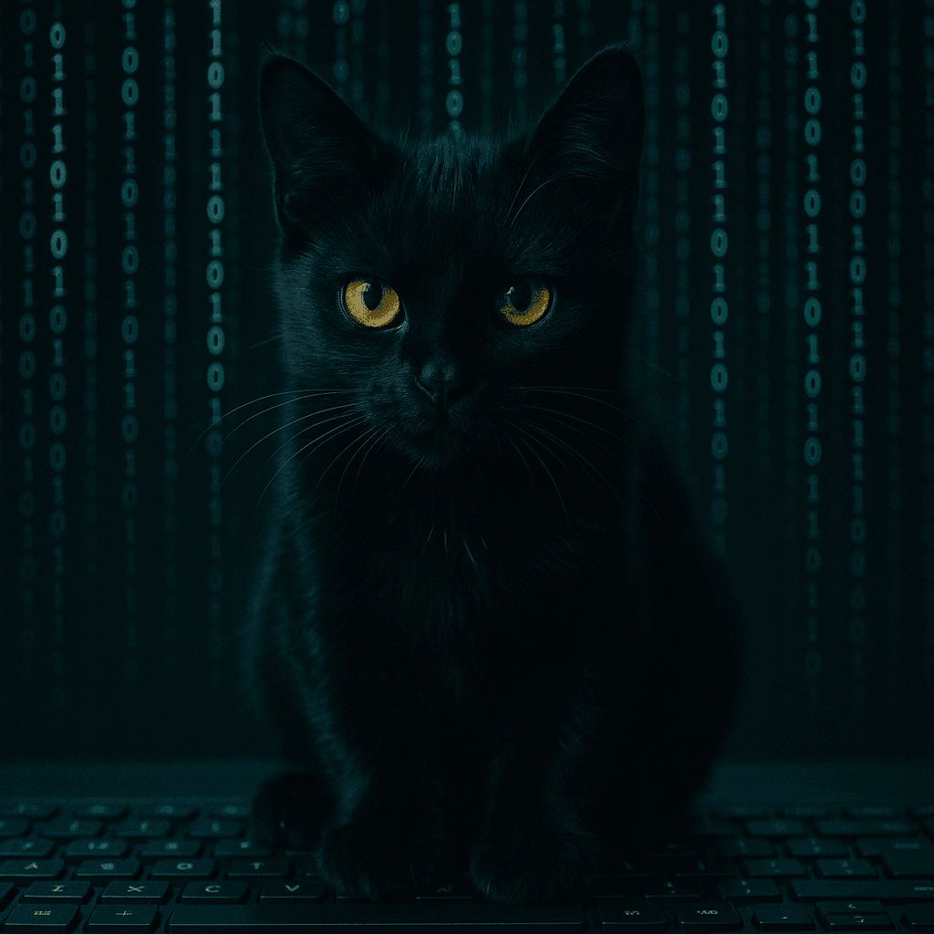 可愛らしい黒猫がコンピュータのキーボードの上に座っているが、周囲には危険を示すデジタルコードが浮かび上がっている様子。