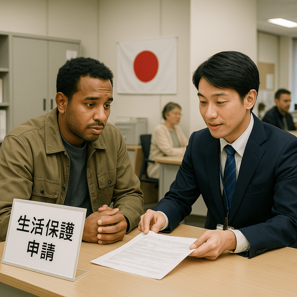 役所で生活保護を申請する外国人とそれを対応する日本の職員のシーン。