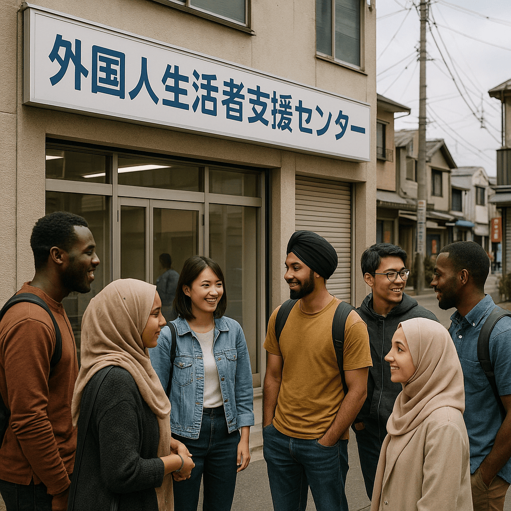 外国人生活者支援センターの外観と、多文化共生を象徴する様々な国籍の人々が集まる様子。