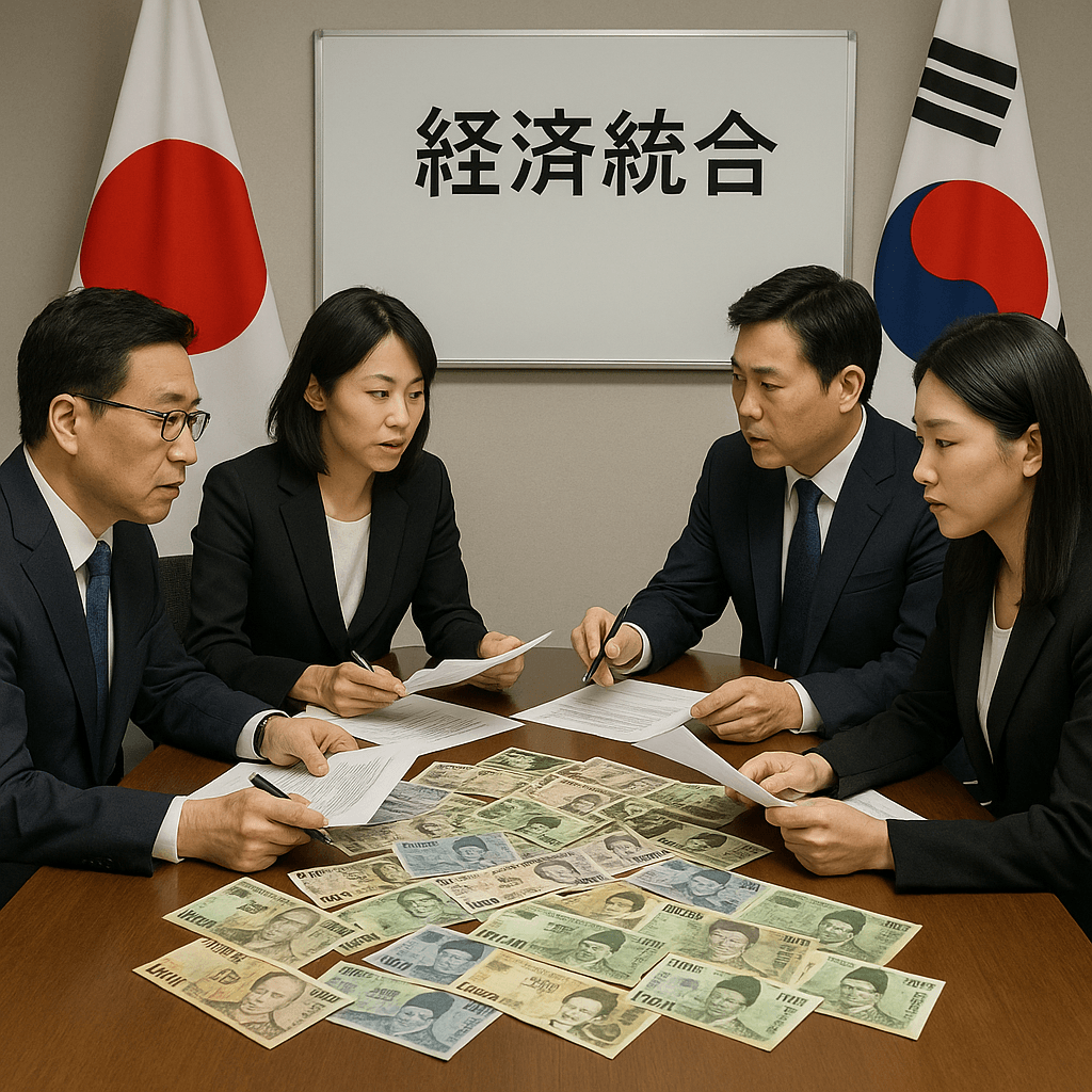 日本と韓国の代表者が経済統合について会議を行っている様子を写した画像。