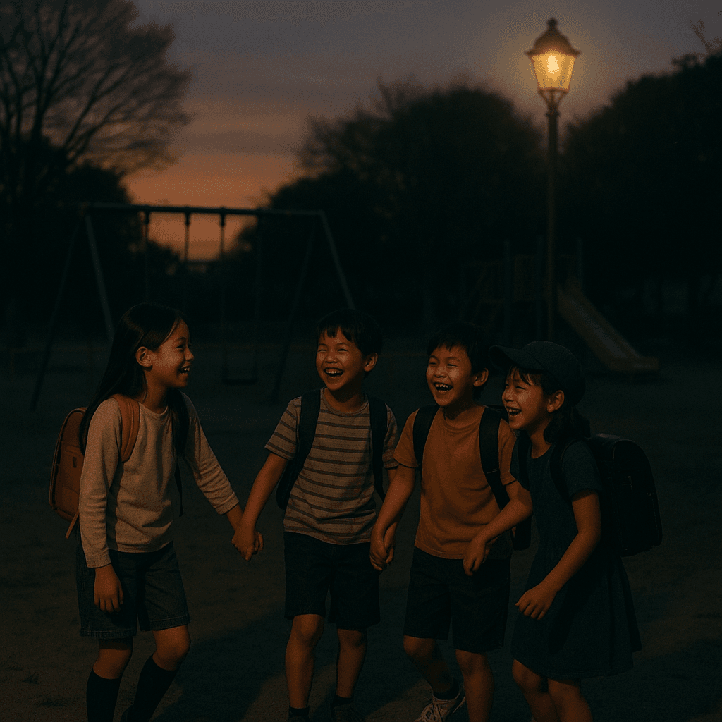 夕暮れの公園で遊ぶ小学生と、突然消える街灯の写真。
