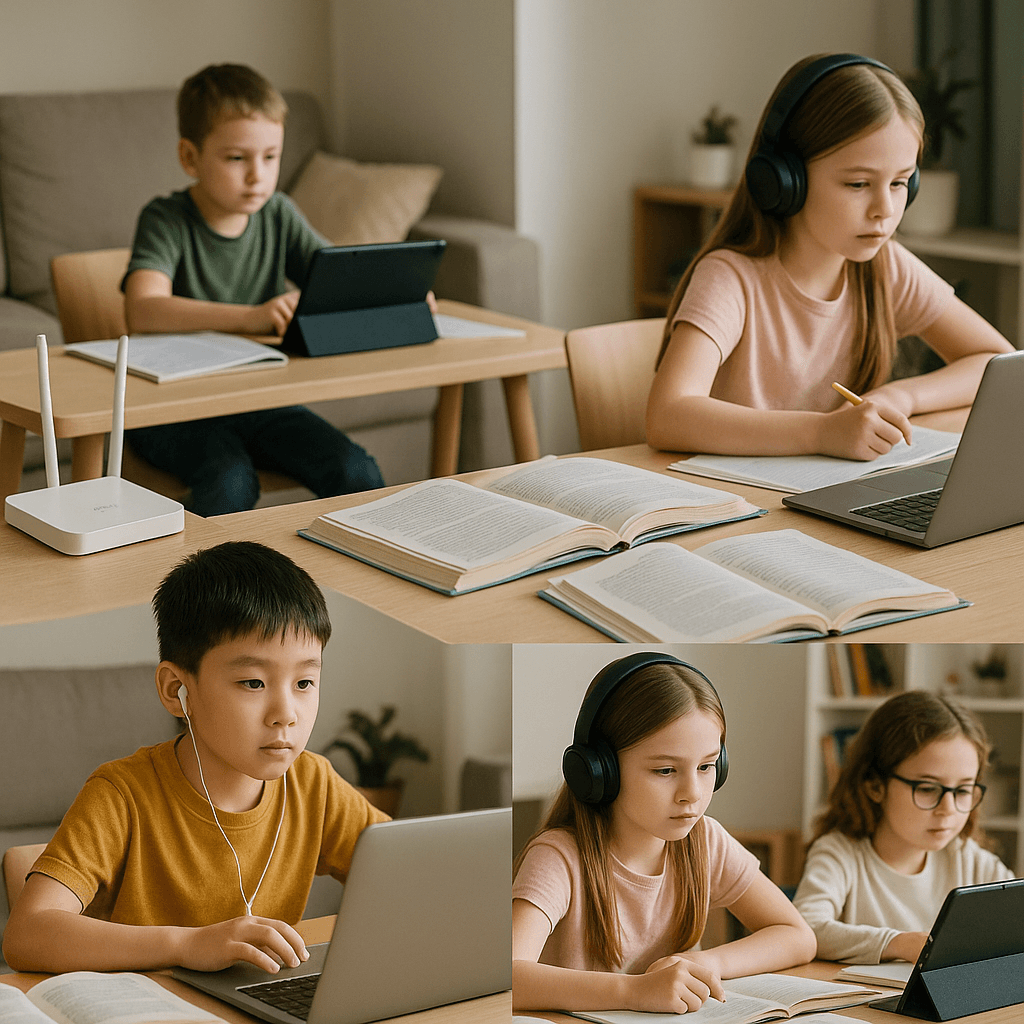 オンライン授業を受ける小学生たちの様子。自宅でデバイスを使い、遠隔での学習に取り組む姿を捉えた写真。