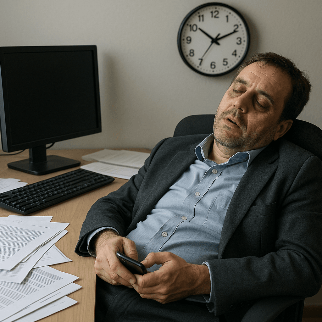 オフィスで居眠りをする中年男性の様子を写した写真。彼は疲れ切っており、スマートフォンを持ちながら椅子に座ったまま眠り込んでいる。
