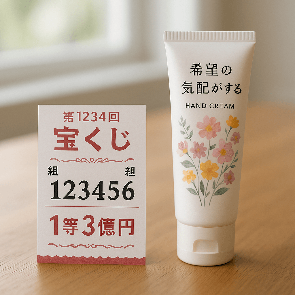 宝くじの当たり券と『希望の気配がする』ハンドクリームがテーブルに置かれている写真。