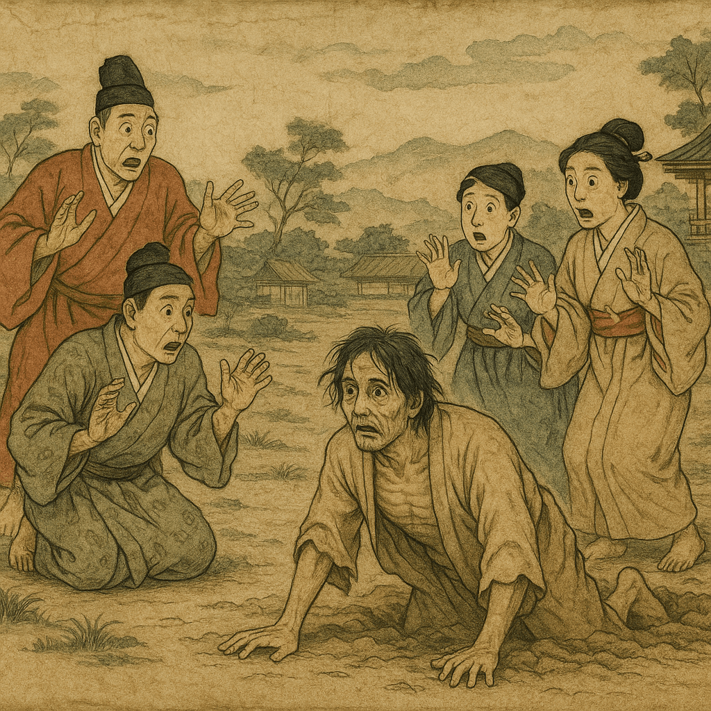 日本の古い絵巻に描かれた「死に戻り」の場面を再現した画像。